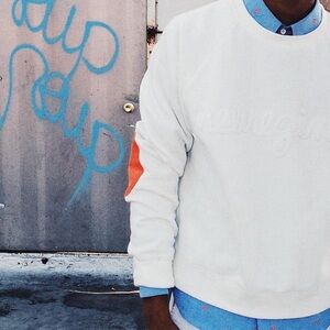 Orange and White Crewneck Sweater with Ribbed Cuffs